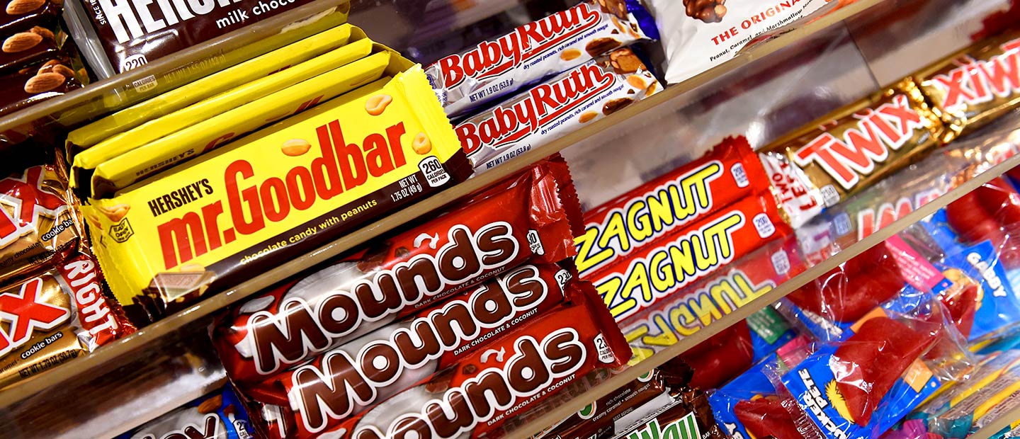 House of Sweets candy bars including Mr. Goodbar, mounds, hershey's, baby ruth and zagnut bars
