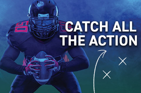 Football graphic with words "Catch All the Action"