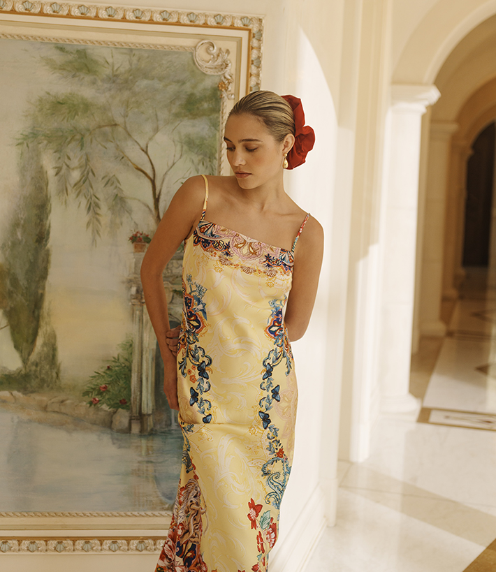 Robert Graham collection woman in floral yellow dress