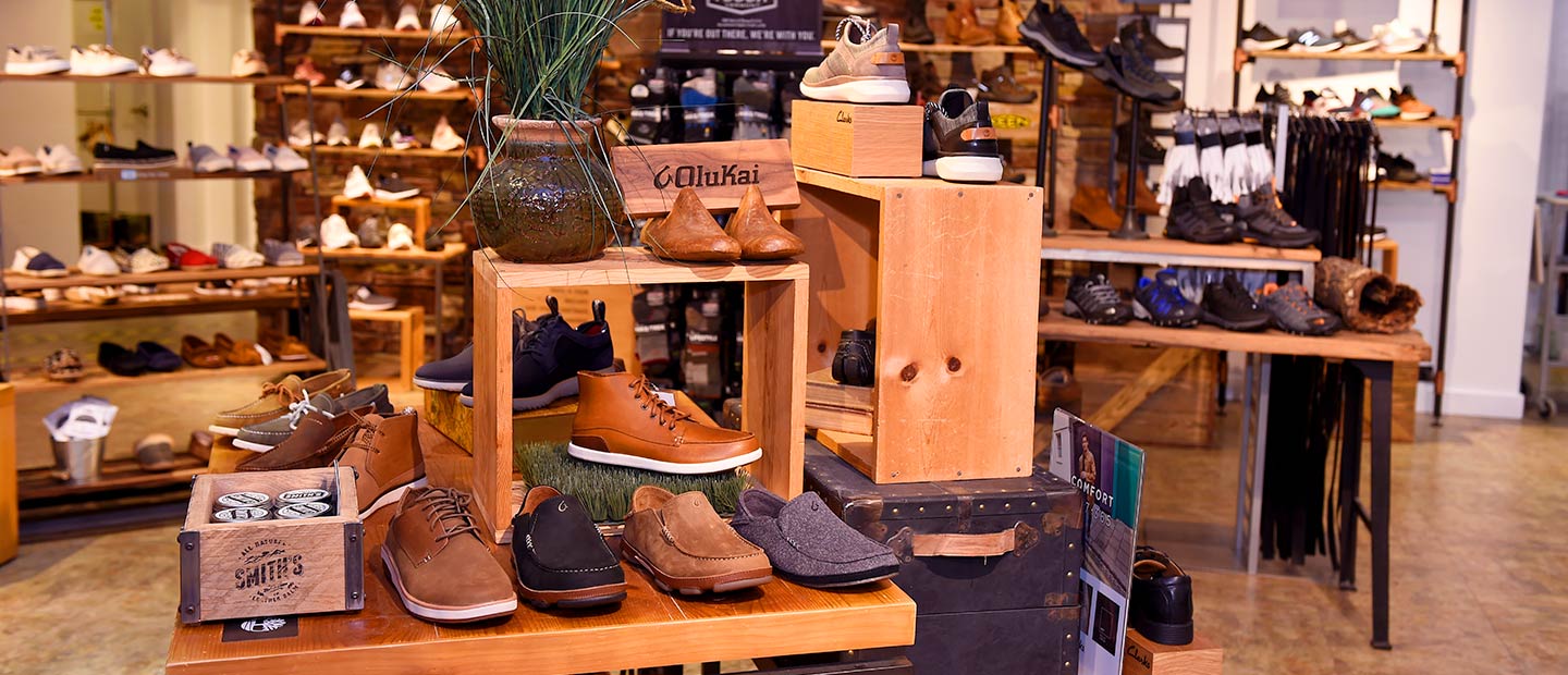 Display of leather shoes and hiking boots